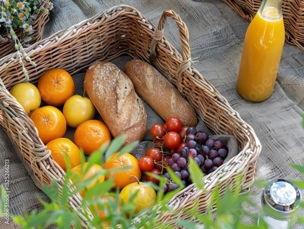 Fototapeta Summer Picnic with Fruits and Fresh Bread
