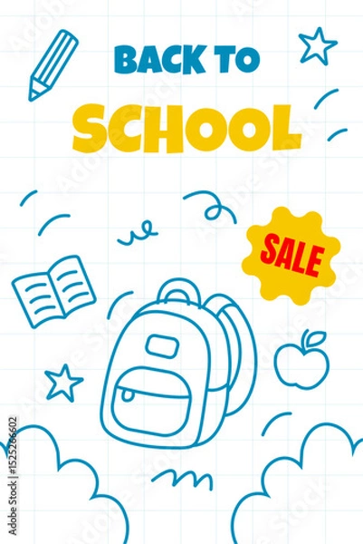 Fototapeta Playful back to school vector illustration with blue outline icons and colorful sale label. Features backpack, apple, book, and stars on a white background. 