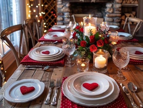 Fototapeta Elegant Holiday Dinner Table with Red Napkins and Candlelight