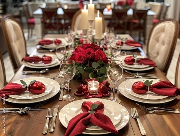 Fototapeta Elegant Holiday Dinner Table with Red Napkins and Candlelight