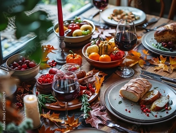 Fototapeta Festive Autumn Table Setting with Thanksgiving Dinner