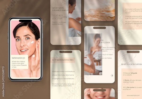 Obraz Editable Instagram Stories Template For Content Creators. 8 minimal aesthetic beauty and skincare storytelling slides with text and photo layout in soft beige tones for self-care and wellness brands