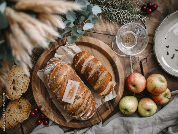 Fototapeta Rustic Autumn Still Life with Bread, Apples and Wine