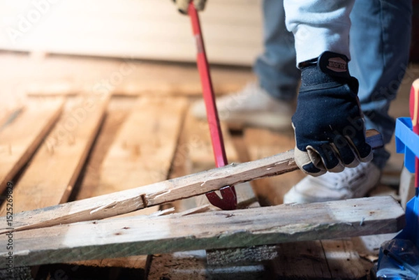 Obraz A man is forcefully prying apart a wooden pallet with a crowbar. The scene captures the intensity of manual labor, recycling, and dismantling in a raw, realistic context.