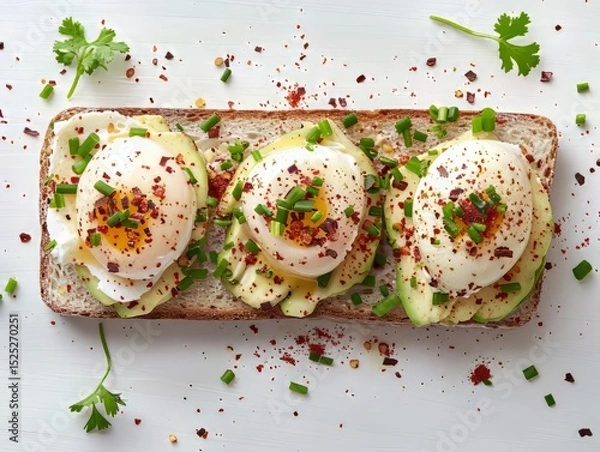 Fototapeta Avocado Toast with Three Poached Eggs