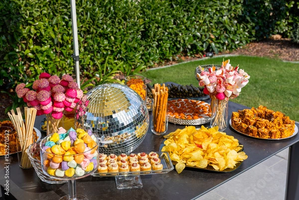Obraz Outdoor catering buffet with a variety of food snacks and appetizers