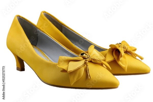 Fototapeta Elegant yellow satin heels with bows isolated on transparent background