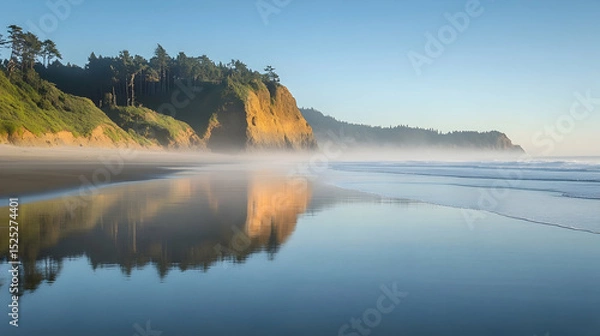 Fototapeta Serene coastal vista with fog, cliffs, trees, and glassy reflections on beach