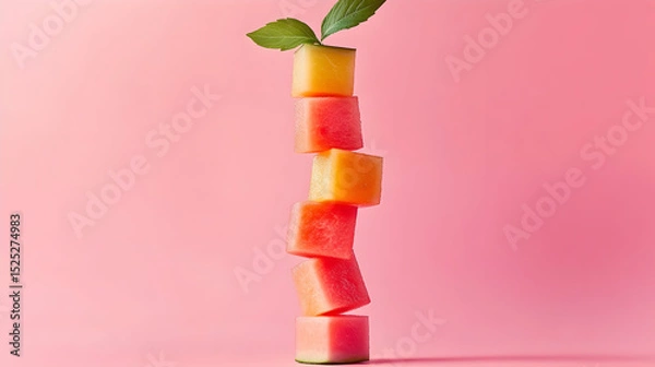 Fototapeta Artistic arrangement of watermelon cubes stacked with fresh basil on pink backdrop