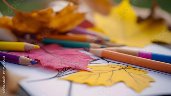 Fototapeta Autumnal art: Coloring book page with colorful maple leaves and pencils