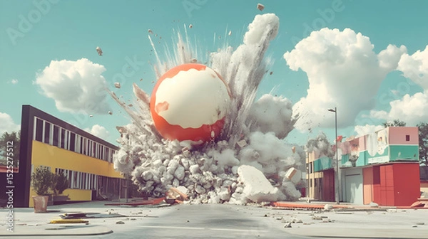 Fototapeta Surreal demolition: Gigantic sphere obliterating retro urban landscape with explosion
