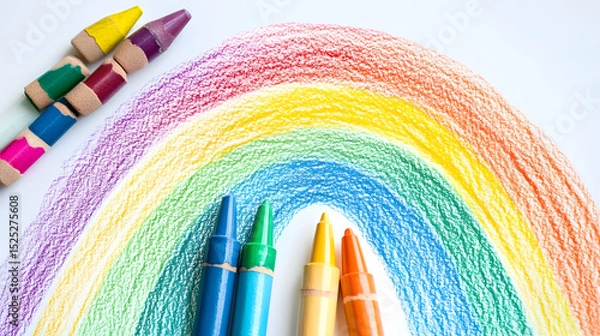Fototapeta Vibrant crayon rainbow drawing with colorful wax crayons, perfect school project