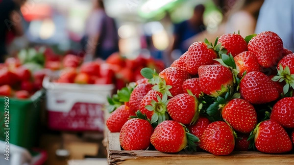 Fototapeta Fresh Strawberries Displayed at Bustling Local Farmers Market in Summer