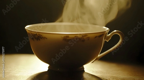 Fototapeta Elegant porcelain cup with steaming beverage against a moody backdrop scene