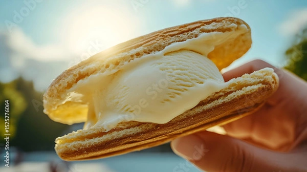 Fototapeta Golden delight, waffle ice cream sandwich held up to sunny skies in summertime