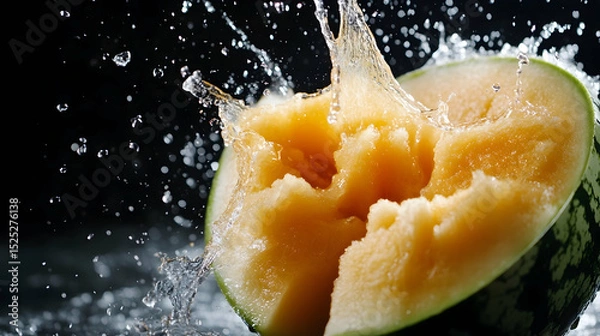 Fototapeta Dynamic shot of cantaloupe melon with water splash against a dark backdrop