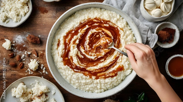 Fototapeta Delicious rice pudding with caramel swirl and toppings, artistic food photography