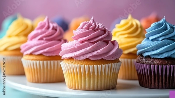 Fototapeta Array of colorful cupcakes with swirled frosting on a white platter, pastel background, vibrant and festive