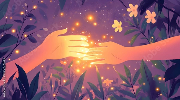 Fototapeta Intertwined hands amidst a mystical garden bathed in ethereal luminescence