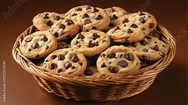 Fototapeta Delicious chocolate chip cookies in a rustic woven basket on brown background
