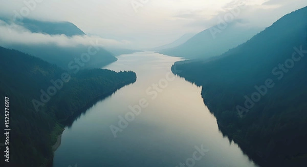 Fototapeta Mystical twilight over a serene lake surrounded by lush mountain forests