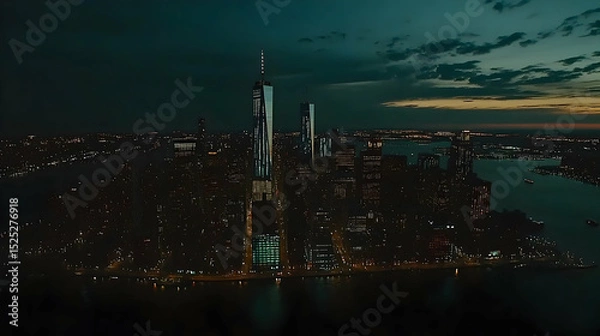 Fototapeta Nighttime urban panorama of a sprawling metropolis bathed in electric lights
