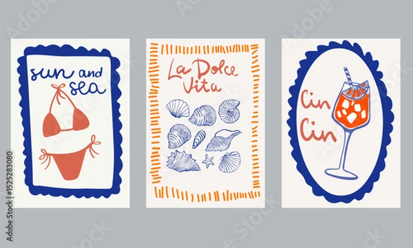 Fototapeta Set of hand drawn vintage posters in dolce vita style. Contemporary art vector illustrations. Vintage vector print. Print for t-shirt. Trendy minimalist posters