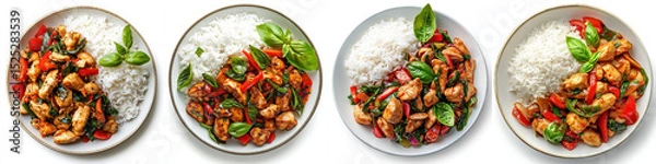 Fototapeta Vibrant plate of spicy Thai basil chicken stir fry served with fluffy jasmine rice, garnished with fresh basil and colorful bell peppers