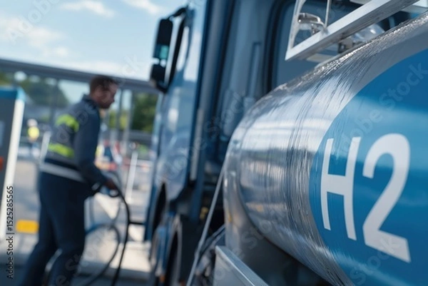 Obraz A worker refuels a truck with hydrogen at a fueling station, highlighting clean energy and sustainable transport solutions.