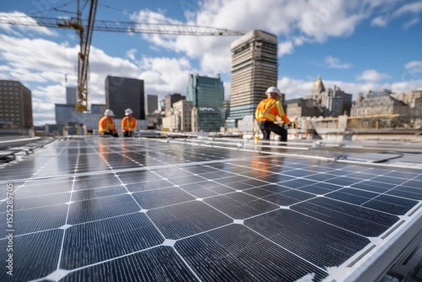 Obraz Workers install solar panels on a rooftop in a modern city, promoting renewable energy and sustainability amidst urban skyscrapers.