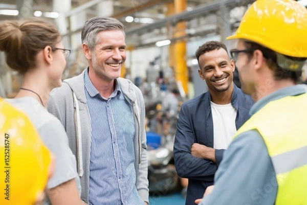 Obraz A group of professionals, including engineers and workers in safety gear, collaborate and smile inside an industrial facility.