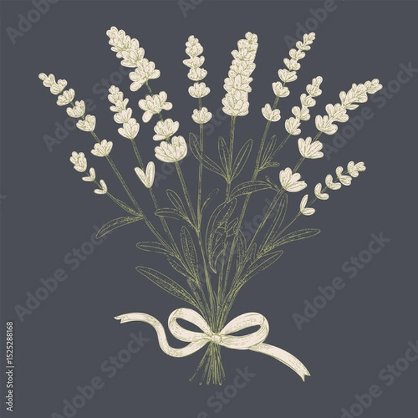 Fototapeta Beautiful illustration of lavender bouquet, featuring delicate flowers and green leaves, tied with ribbon, evoking sense of calm and tranquility