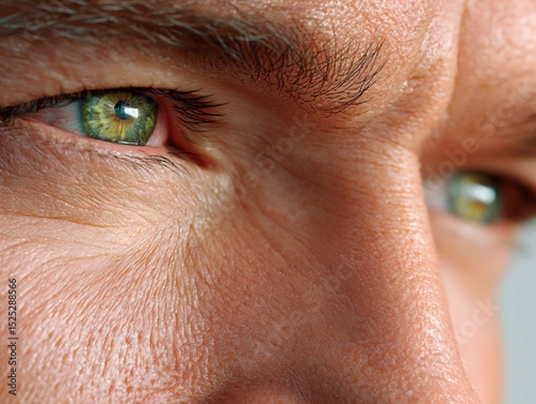 Fototapeta Closeup of a mature man's intense green eyes with visible skin texture and wrinkles around the eyes, showcasing age, wisdom and emotional depth in natural lighting