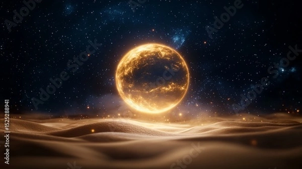 Fototapeta A desert with glowing sand and floating orbs