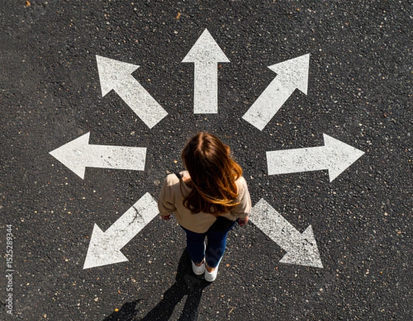 Fototapeta Woman silhouette stands in center of top down view of asphalt, surrounded by scattered arrows pointing in various directions, evoking sense of choice and contemplation