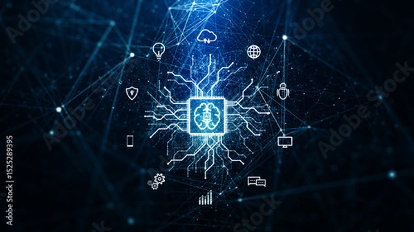 Fototapeta Artificial Intelligence System Driven by Big Data Analytics via a connected digital network, representing intelligent automation, cloud infrastructure, and advanced data systems.