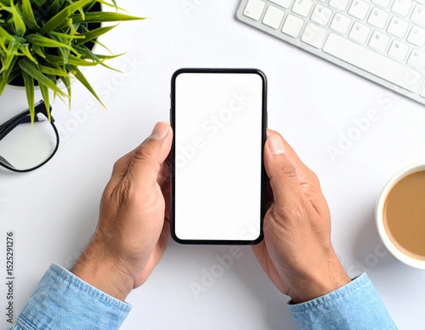 Fototapeta Top View of Businessman Hands Using Smartphone with Blank Screen at White Office Desk

