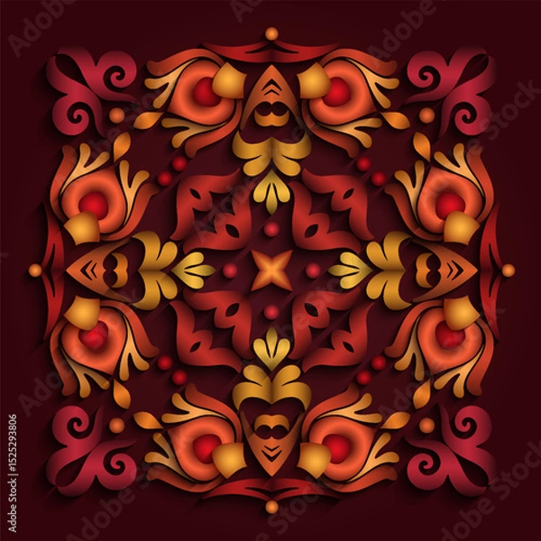Fototapeta Colorful vector paper cut style floral mandala with layered 3D effect. Perfect for decorative projects, invitations, cards, prints, and ethnic or folk-inspired designs.