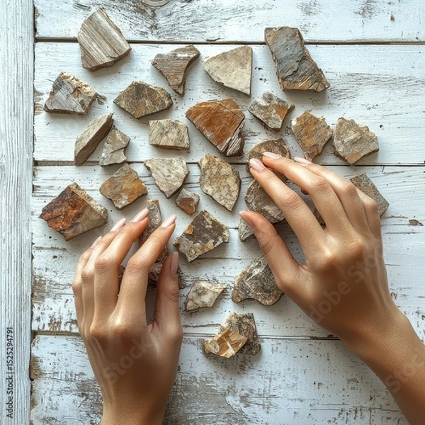 Obraz Chesapeake driftwood collection being organized by woman's hands into artistic arrangement on rustic white wood surface with soft natural light