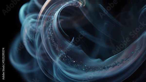 Fototapeta Swirling blue smoke wave with glittering cosmic particles in dark abstract space