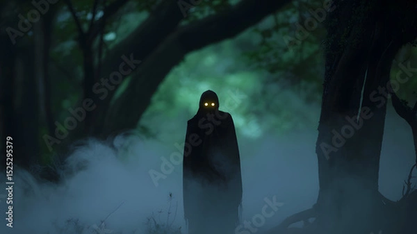 Fototapeta Dark hooded figure with glowing eyes emerging from forest mist in eerie twilight atmosphere