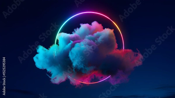 Fototapeta Vibrant neon circle glowing through colorful cloud against deep night sky in surreal atmosphere