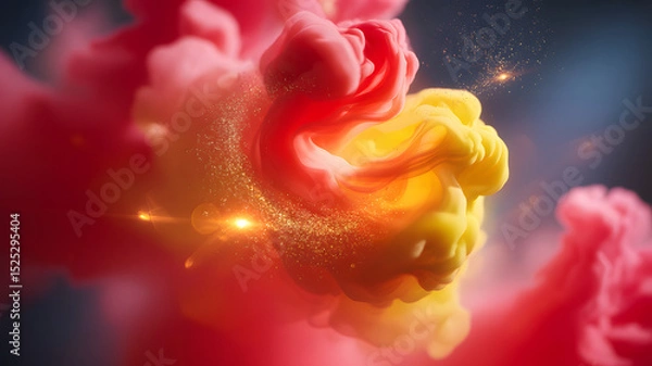 Fototapeta Explosive fusion of red and yellow smoke with golden sparkles in vibrant abstract cosmic swirl