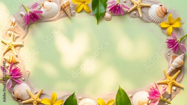 Fototapeta Tropical summer frame with seashells, starfish, and flowers on soft sand and green pastel background