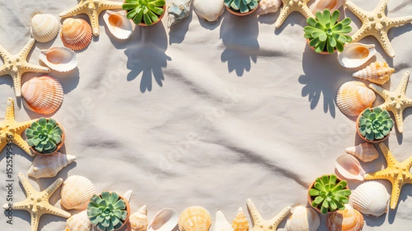 Fototapeta Summer beach frame made of seashells, starfish, and succulents on light fabric background with sunlight shadows