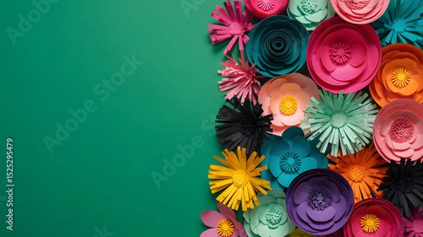 Fototapeta Colorful paper flower arrangement on vibrant green background with creative corner composition. Postacr or card with empty copy space for text, border ,frame