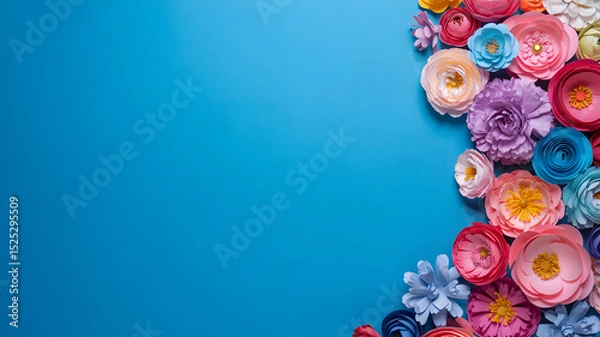 Fototapeta Elegant arrangement of colorful paper flowers on vibrant blue background with copy space