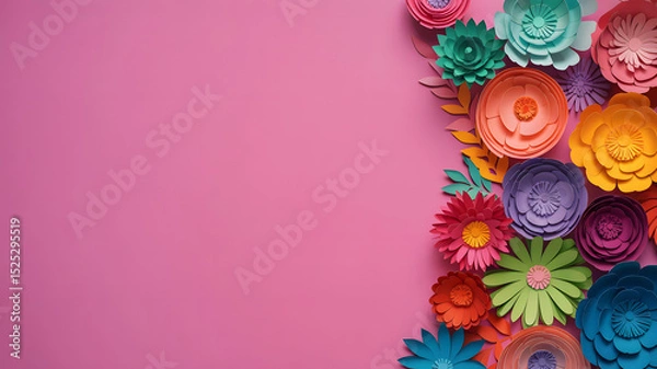 Fototapeta Colorful paper flower arrangement on vibrant pink background with creative corner composition. Postacr or card with empty copy space for text, border ,frame