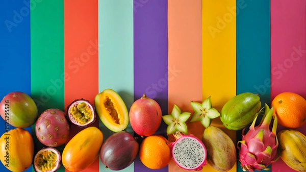 Fototapeta Tropical fruits arranged on vibrant rainbow stripes background in colorful flat lay composition