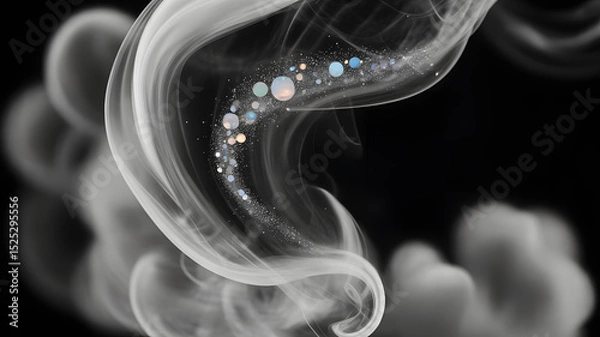 Fototapeta Mystical swirl of translucent smoke and glowing spheres floating in dark abstract space